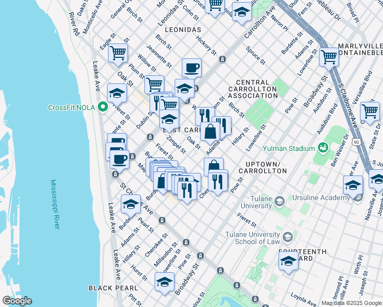 map of restaurants, bars, coffee shops, grocery stores, and more near 7719 Zimple Street in New Orleans