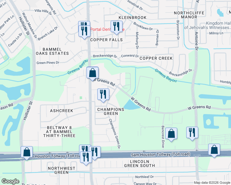 map of restaurants, bars, coffee shops, grocery stores, and more near 11614 Champions Green Drive in Houston