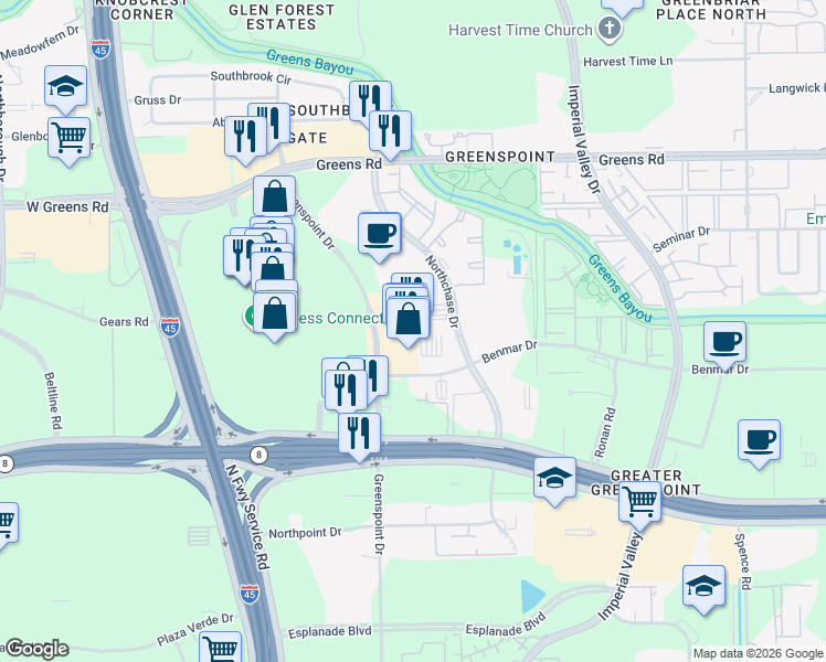 map of restaurants, bars, coffee shops, grocery stores, and more near 16825 Northchase Drive in Houston