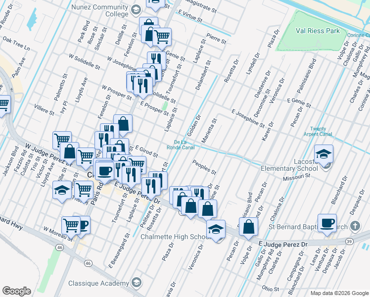map of restaurants, bars, coffee shops, grocery stores, and more near 3008 Rosetta Drive in Chalmette