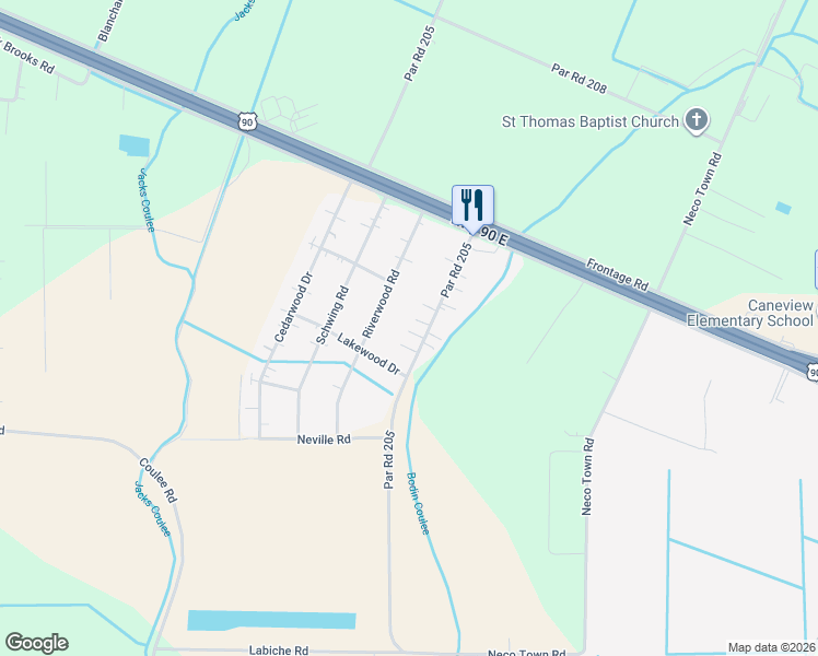 map of restaurants, bars, coffee shops, grocery stores, and more near 3304 Freyou Road in New Iberia