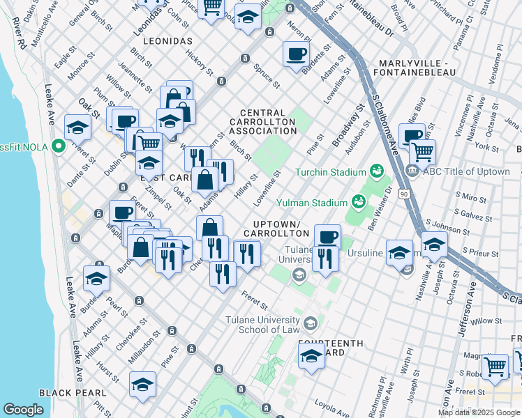 map of restaurants, bars, coffee shops, grocery stores, and more near 7315 Willow Street in New Orleans