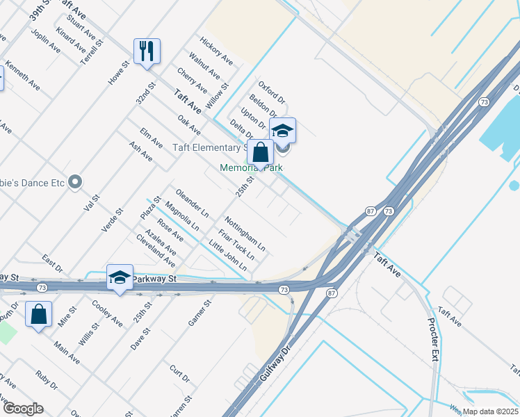 map of restaurants, bars, coffee shops, grocery stores, and more near 2410 Postoak Lane in Groves