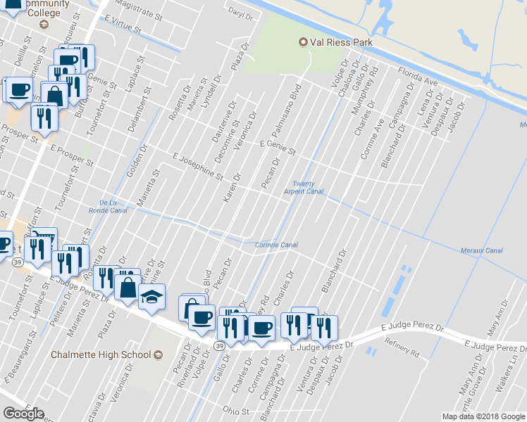 map of restaurants, bars, coffee shops, grocery stores, and more near 3301 Riverland Drive in Chalmette