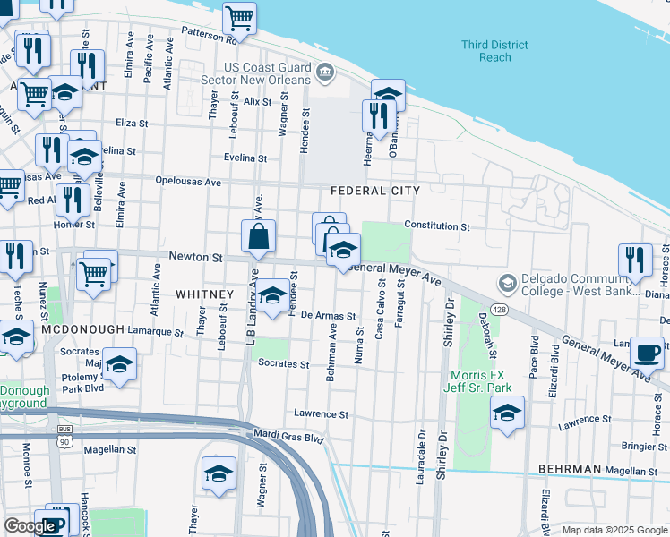 map of restaurants, bars, coffee shops, grocery stores, and more near 1034 Sumner Street in New Orleans
