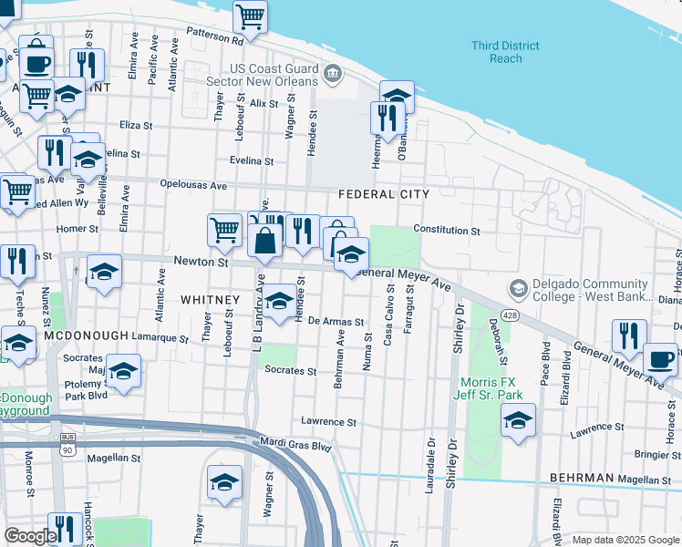 map of restaurants, bars, coffee shops, grocery stores, and more near 1034 Sumner Street in New Orleans