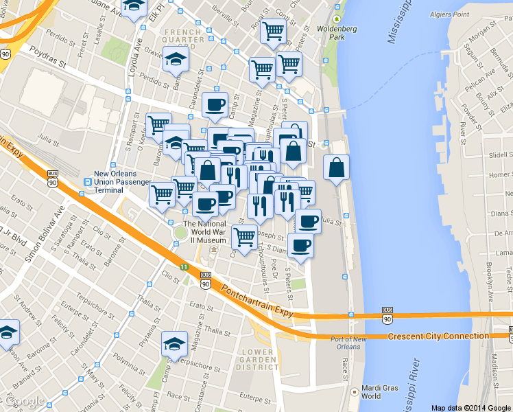 map of restaurants, bars, coffee shops, grocery stores, and more near 800 Tchoupitoulas Street in New Orleans