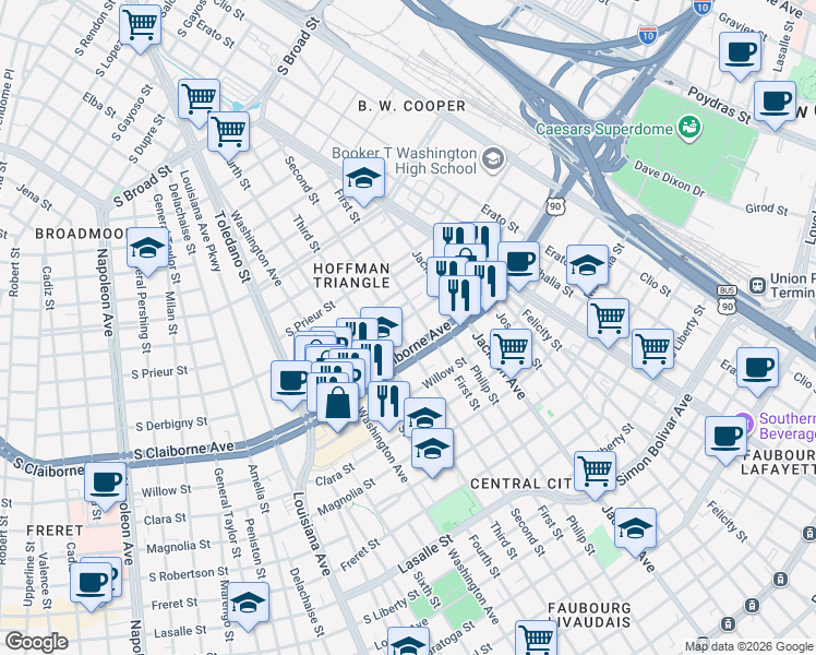 map of restaurants, bars, coffee shops, grocery stores, and more near 3032 Second Street in New Orleans