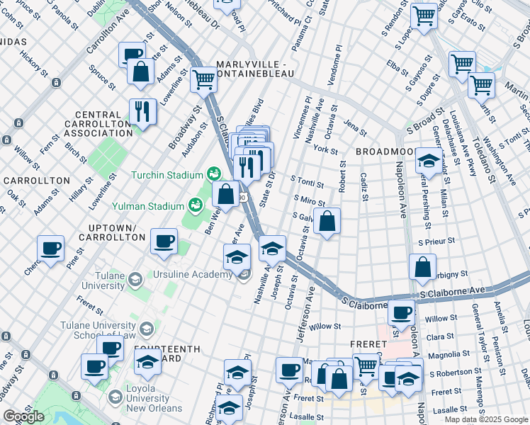 map of restaurants, bars, coffee shops, grocery stores, and more near 3111 State Street Drive in New Orleans