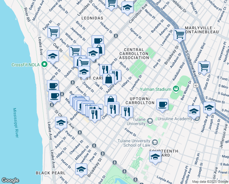 map of restaurants, bars, coffee shops, grocery stores, and more near in New Orleans
