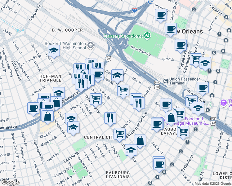 map of restaurants, bars, coffee shops, grocery stores, and more near 2604 Martin Luther King Junior Boulevard in New Orleans