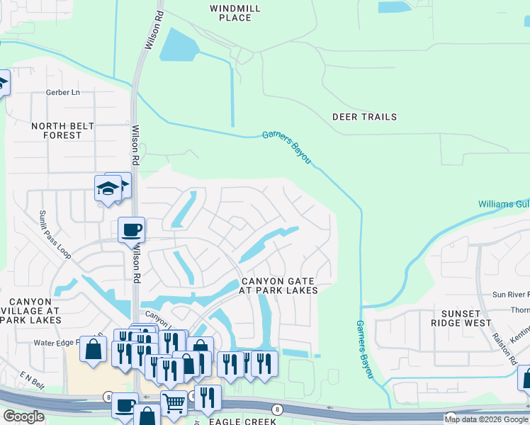 map of restaurants, bars, coffee shops, grocery stores, and more near 9835 Linden Hollow Drive in Humble