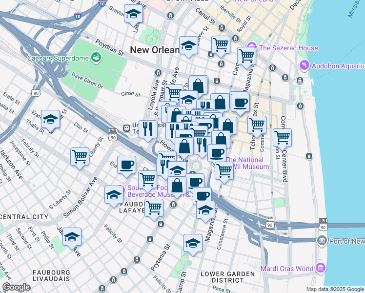 map of restaurants, bars, coffee shops, grocery stores, and more near 800 Saint Joseph Street in New Orleans