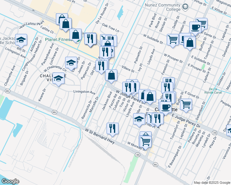 map of restaurants, bars, coffee shops, grocery stores, and more near 2516 Culotta Street in Chalmette