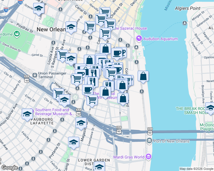 map of restaurants, bars, coffee shops, grocery stores, and more near 800 Tchoupitoulas Street in New Orleans