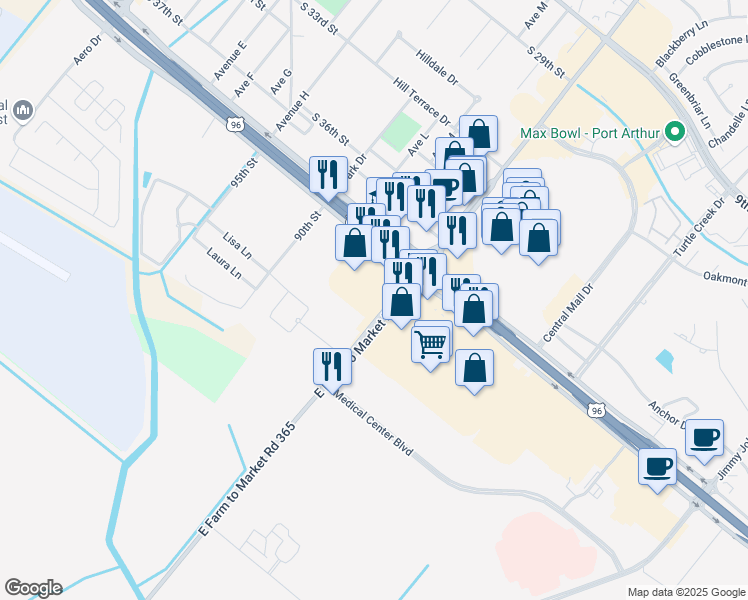 map of restaurants, bars, coffee shops, grocery stores, and more near 8725 Memorial Boulevard in Port Arthur
