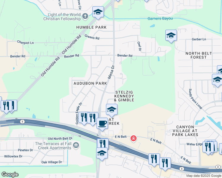 map of restaurants, bars, coffee shops, grocery stores, and more near 8107 White Swan Drive in Humble