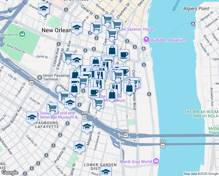 map of restaurants, bars, coffee shops, grocery stores, and more near 808 Constance Street in New Orleans