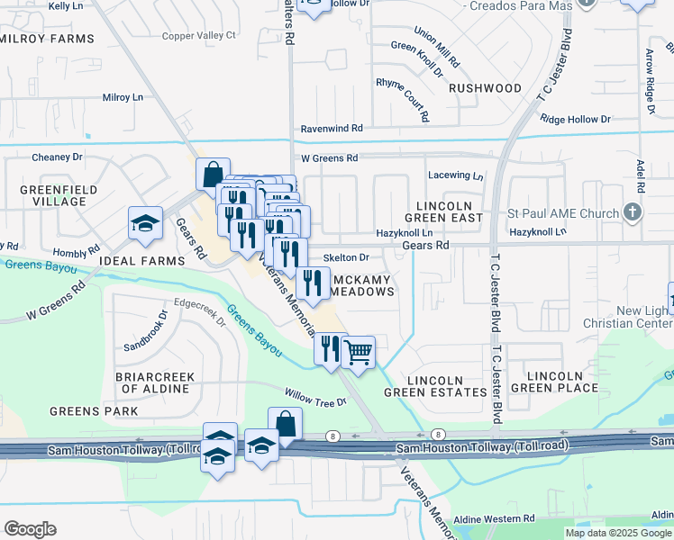 map of restaurants, bars, coffee shops, grocery stores, and more near 2811 Ashington Drive in Houston