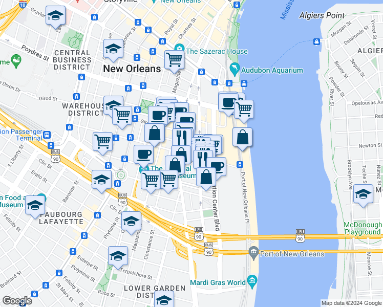 map of restaurants, bars, coffee shops, grocery stores, and more near 333 Julia Street in New Orleans