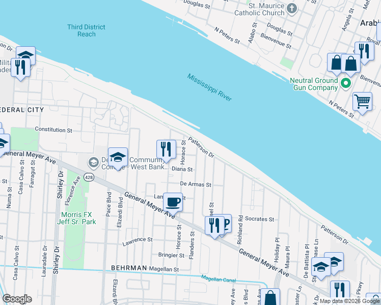 map of restaurants, bars, coffee shops, grocery stores, and more near 3303 Newton Street in New Orleans