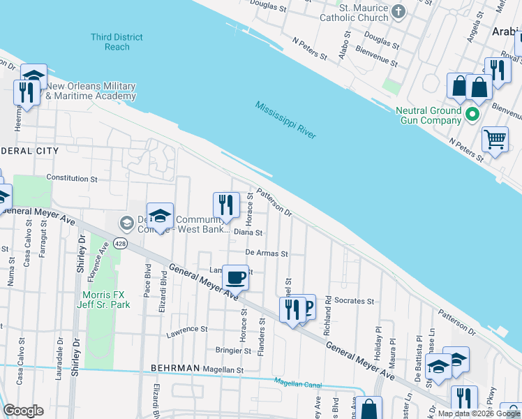 map of restaurants, bars, coffee shops, grocery stores, and more near 3303 Newton Street in New Orleans