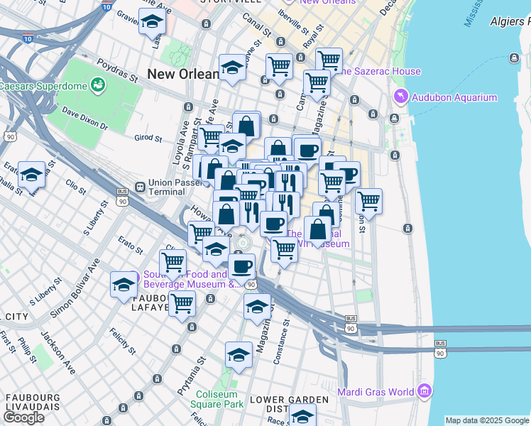 map of restaurants, bars, coffee shops, grocery stores, and more near 852 Camp Street in New Orleans