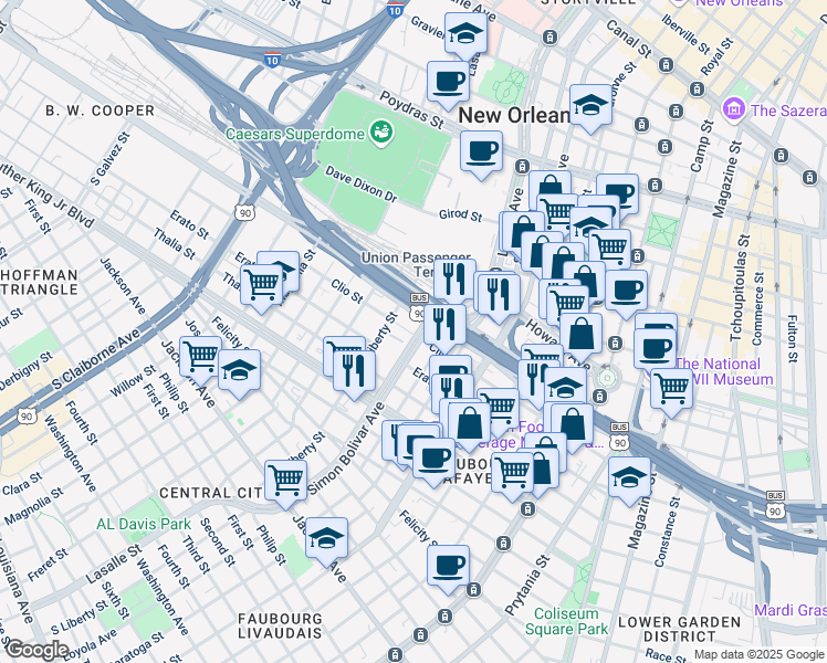 map of restaurants, bars, coffee shops, grocery stores, and more near 2050 Clio Street in New Orleans