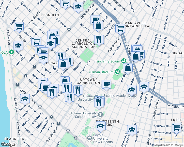 map of restaurants, bars, coffee shops, grocery stores, and more near 1432 Broadway Street in New Orleans