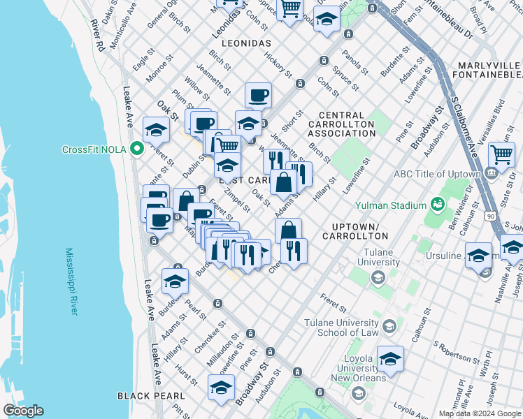 map of restaurants, bars, coffee shops, grocery stores, and more near 7719 Zimple Street in New Orleans
