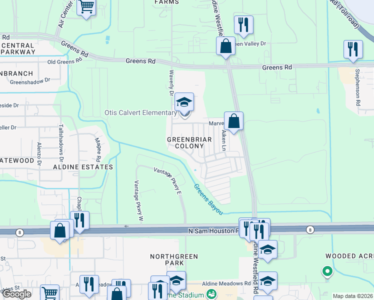 map of restaurants, bars, coffee shops, grocery stores, and more near 1934 Greenbriar Colony Drive in Houston