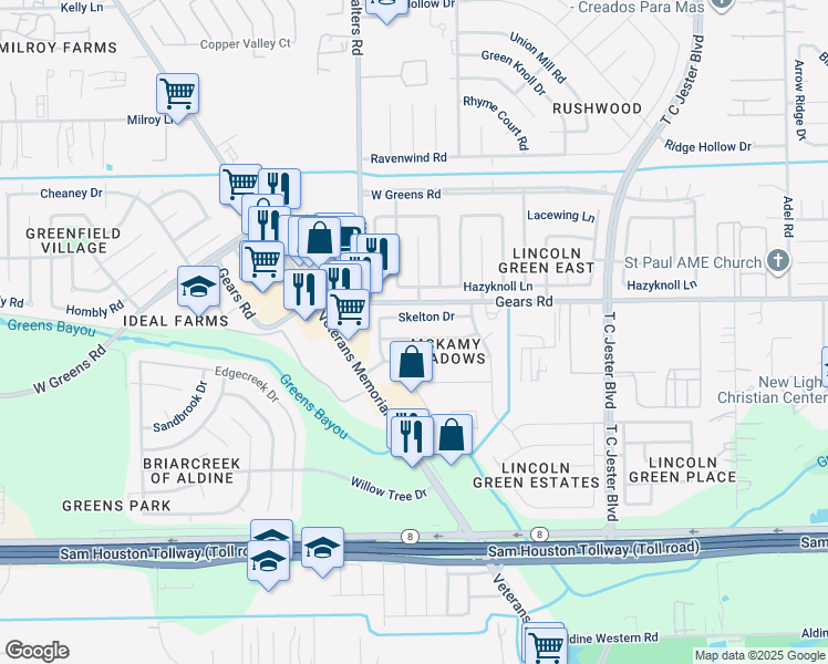 map of restaurants, bars, coffee shops, grocery stores, and more near 2811 Ashington Drive in Houston