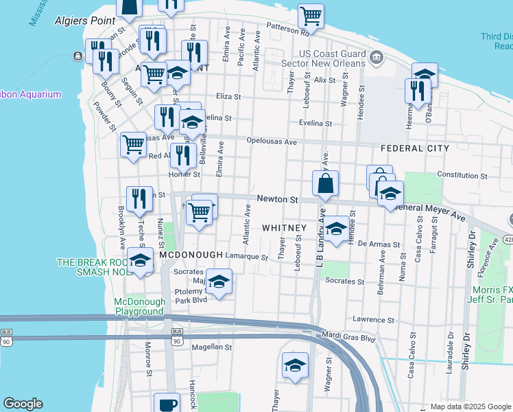 map of restaurants, bars, coffee shops, grocery stores, and more near 1111 Newton Street in New Orleans