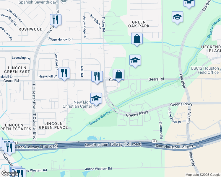 map of restaurants, bars, coffee shops, grocery stores, and more near 1475 Gears Road in Houston
