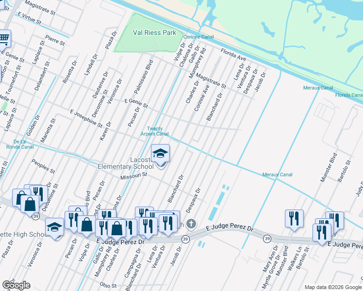map of restaurants, bars, coffee shops, grocery stores, and more near 3321 Corinne Drive in Chalmette