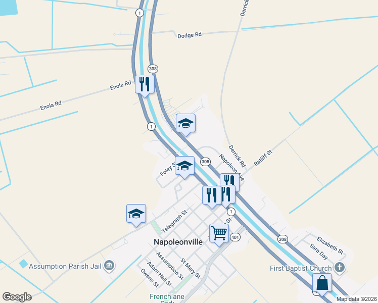 map of restaurants, bars, coffee shops, grocery stores, and more near 4832-4852 Highway 308 in Napoleonville