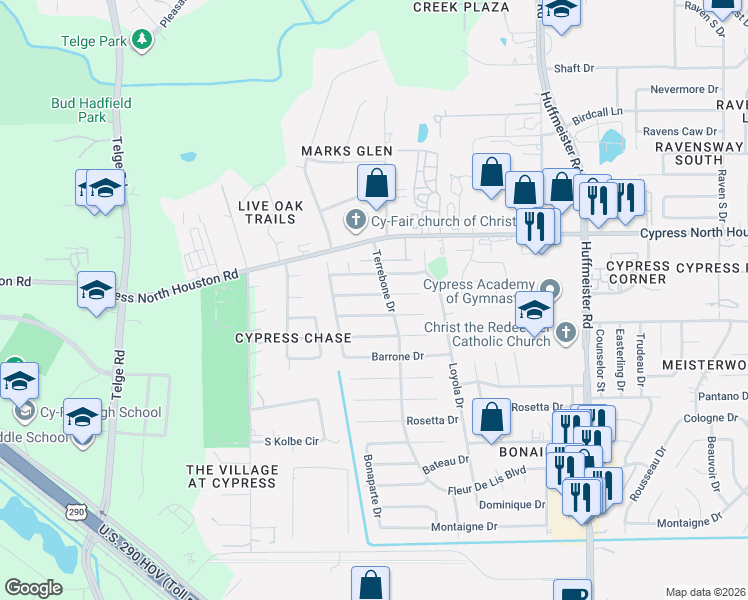 map of restaurants, bars, coffee shops, grocery stores, and more near 14226 Galvani Drive in Cypress
