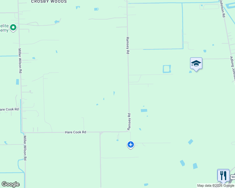 map of restaurants, bars, coffee shops, grocery stores, and more near 18223 Ramsey Road in Crosby