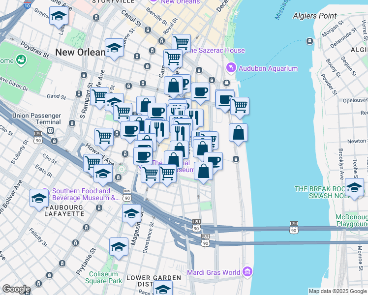 map of restaurants, bars, coffee shops, grocery stores, and more near 800 Tchoupitoulas Street in New Orleans