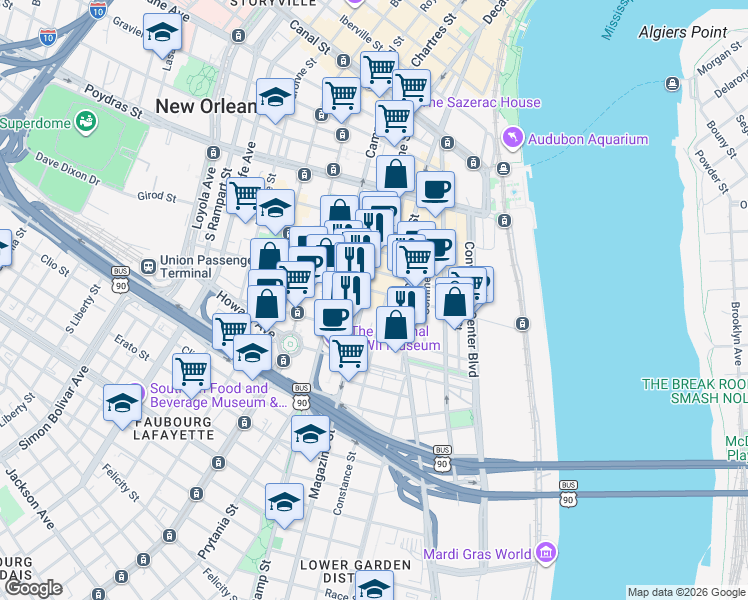 map of restaurants, bars, coffee shops, grocery stores, and more near 817 Constance Street in New Orleans