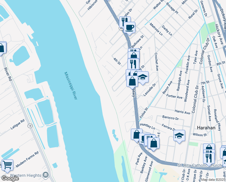 map of restaurants, bars, coffee shops, grocery stores, and more near 101 Hazel Drive in River Ridge