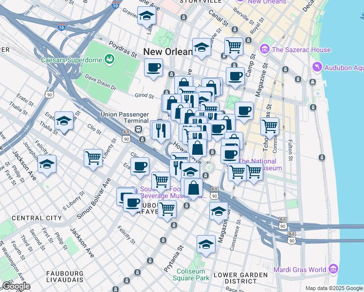 map of restaurants, bars, coffee shops, grocery stores, and more near 901 Howard Avenue in New Orleans
