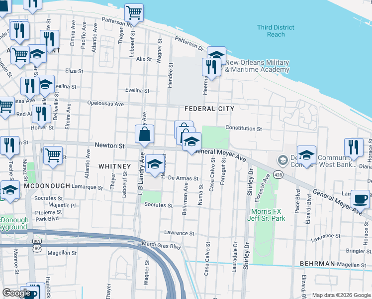map of restaurants, bars, coffee shops, grocery stores, and more near Newton Street in New Orleans