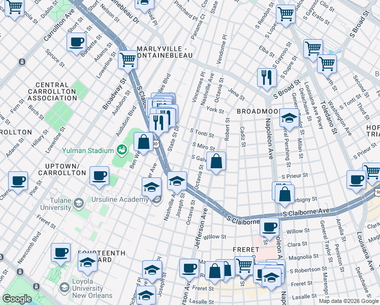 map of restaurants, bars, coffee shops, grocery stores, and more near 3127 Nashville Avenue in New Orleans