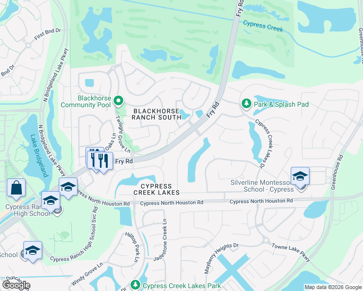 map of restaurants, bars, coffee shops, grocery stores, and more near 11502 Carson Field Lane in Cypress