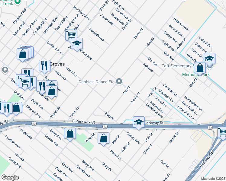 map of restaurants, bars, coffee shops, grocery stores, and more near 6408 32nd Street in Groves
