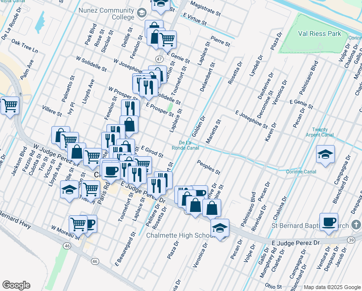 map of restaurants, bars, coffee shops, grocery stores, and more near 2916 Delambert Street in Chalmette