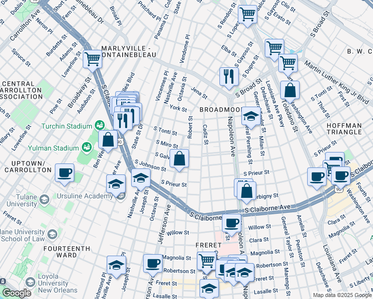 map of restaurants, bars, coffee shops, grocery stores, and more near 3434 Robert Street in New Orleans