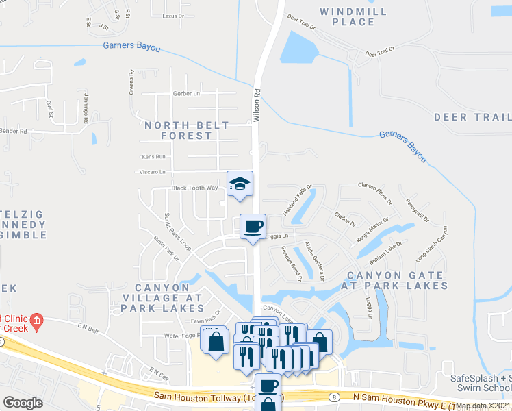 map of restaurants, bars, coffee shops, grocery stores, and more near 4578 Wilson Road in Humble