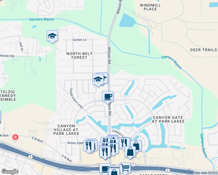 map of restaurants, bars, coffee shops, grocery stores, and more near 4585 Wilson Road in Humble